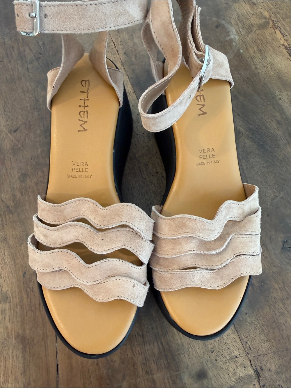 Wavy Strap Suede Wedge Sandals in Beige - Made in Italy